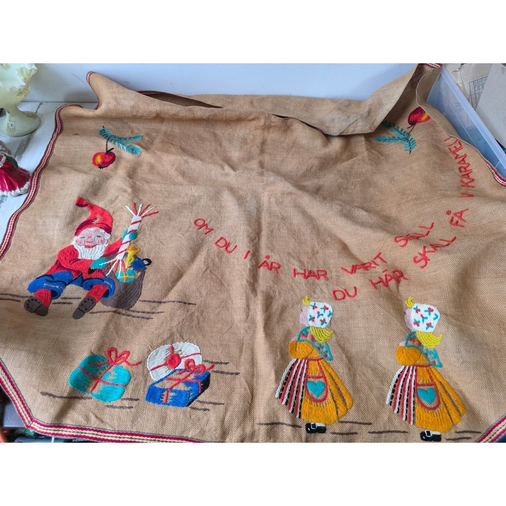 Vintage Dutch burlap embroidered tablecloth Xmas elf pixie decor tree skirt